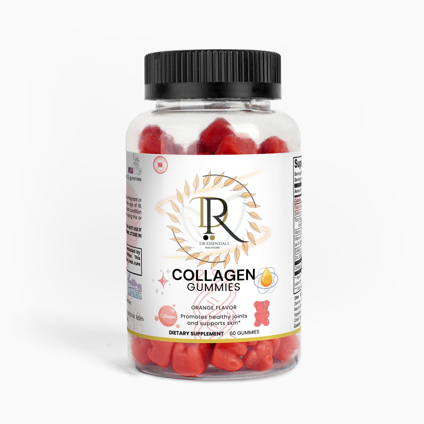 Bottle of collagen gummies with a black lid on a white background
