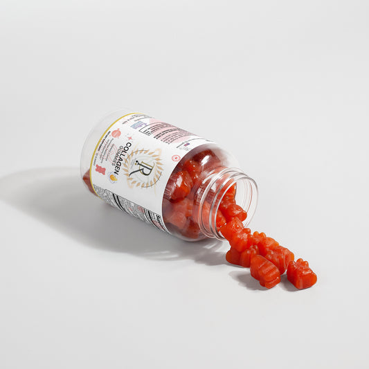 Bottle of red gummy bears with a label on a white background
