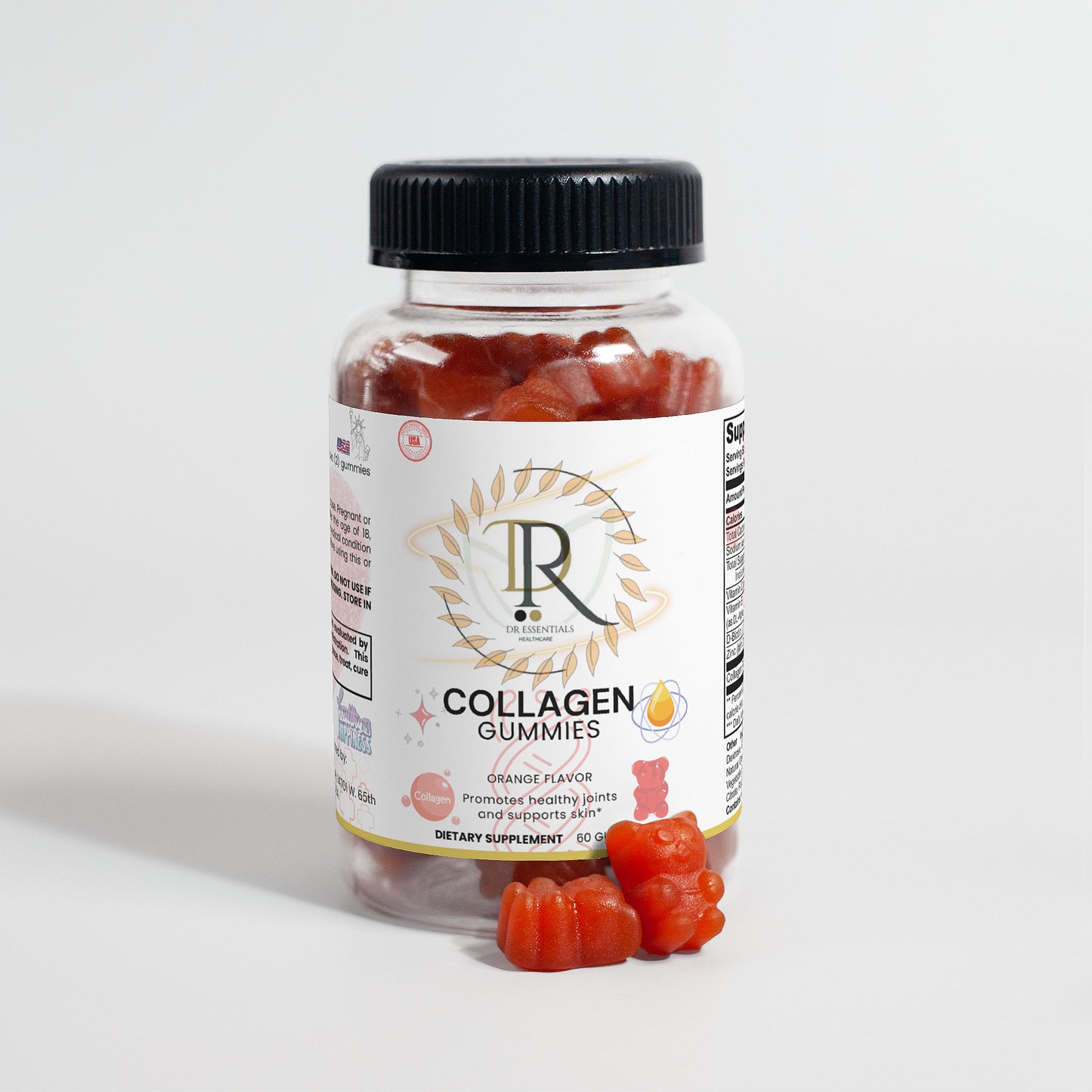 Bottle of collagen gummies with a white label on a light gray background