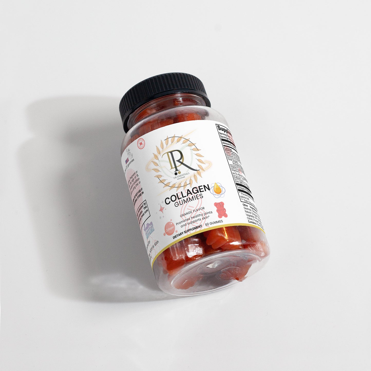 Jar of collagen gummies with a visible brand label on a light gray background