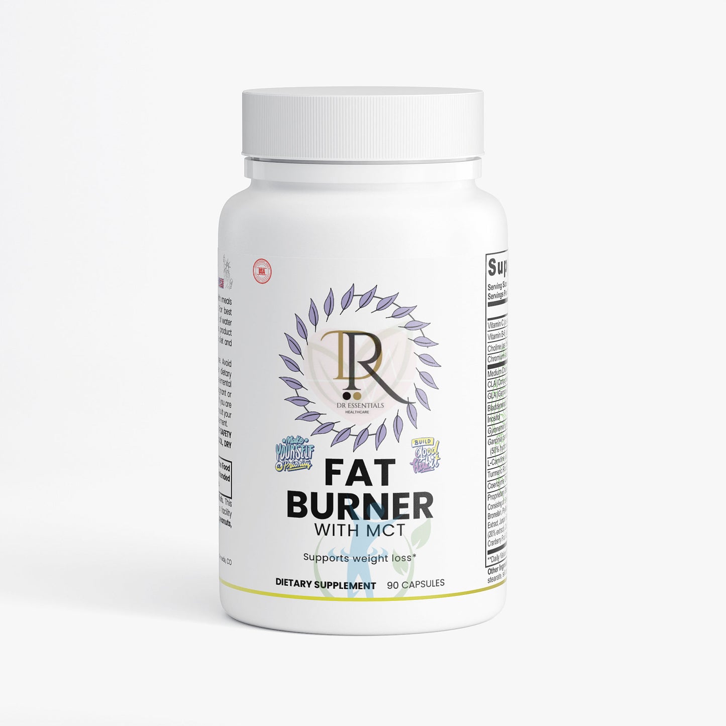 Fat burner supplement bottle with label on a white background