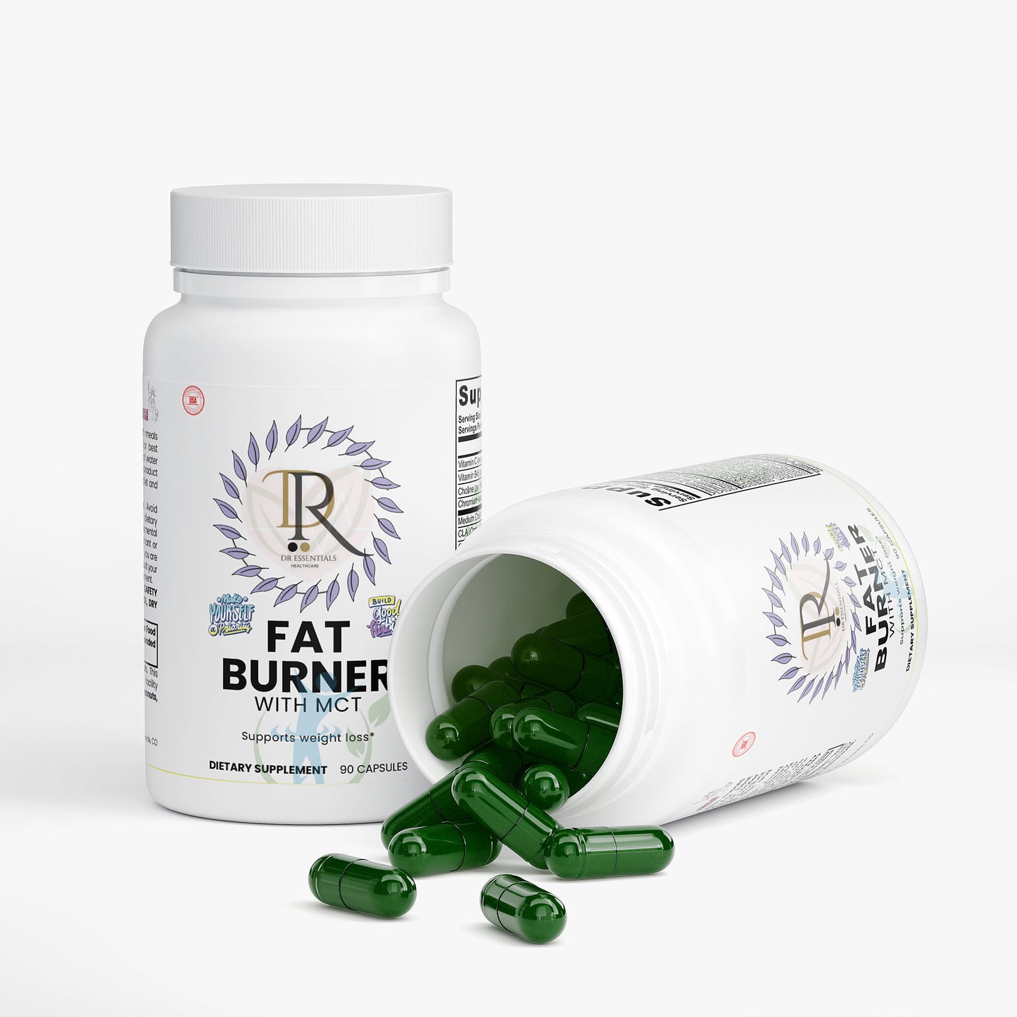 Fat burner supplement with open bottle showing green capsules on a white background