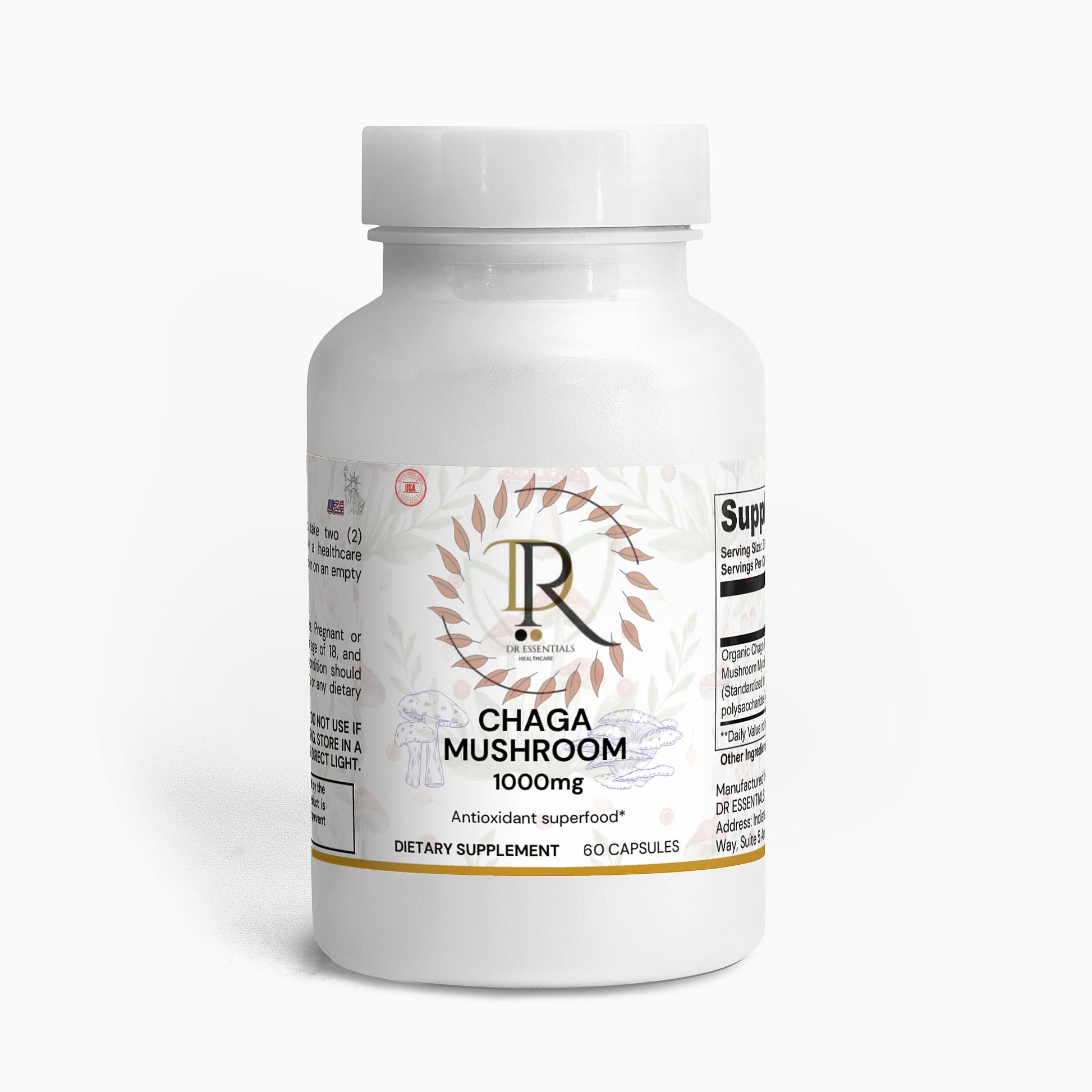 Supplement bottle labeled 'Chaga Mushroom 1000mg' on a white background
