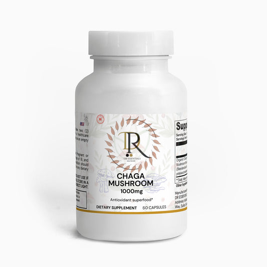 Supplement bottle labeled 'Chaga Mushroom 1000mg' on a white background