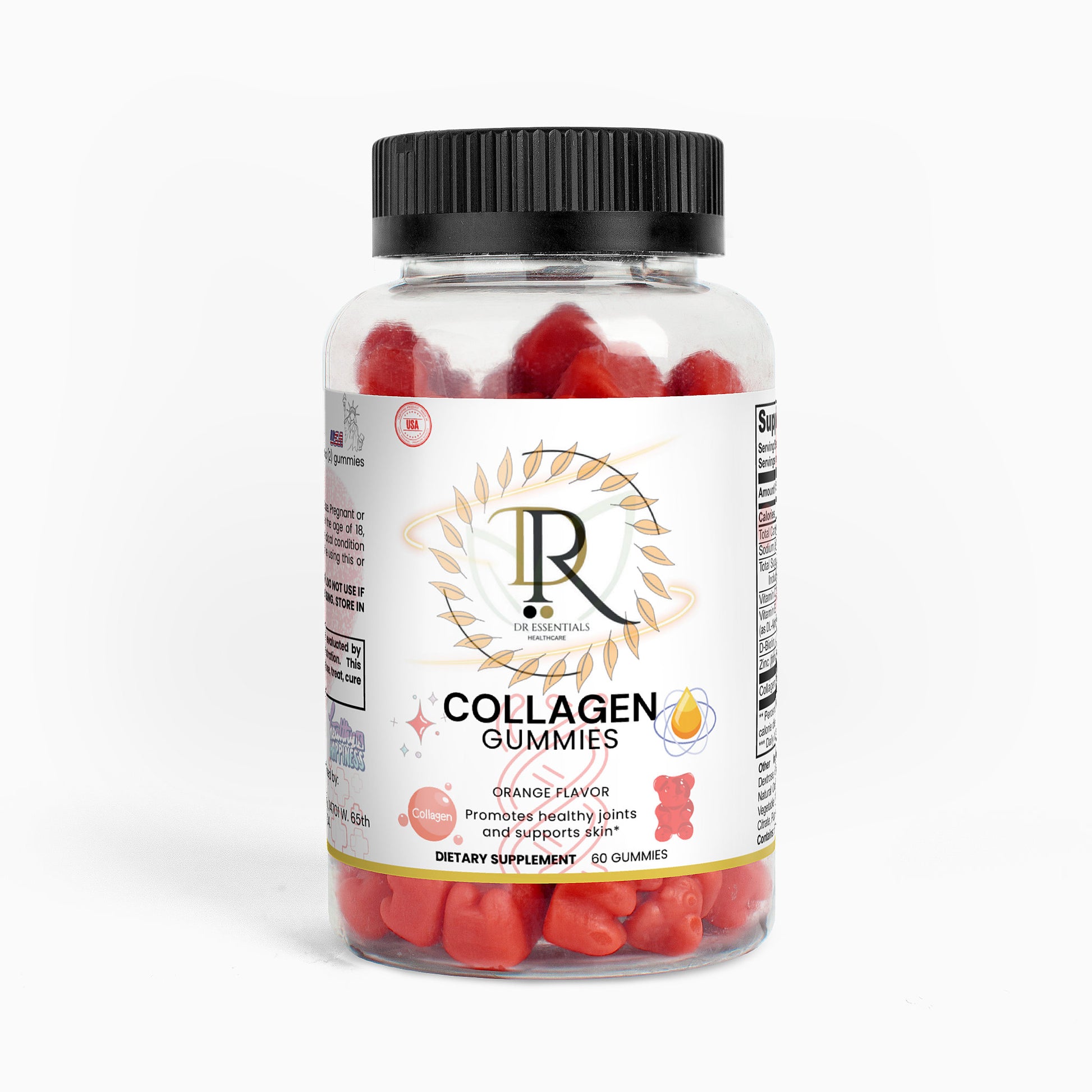 Bottle of collagen gummies with a black lid on a white background