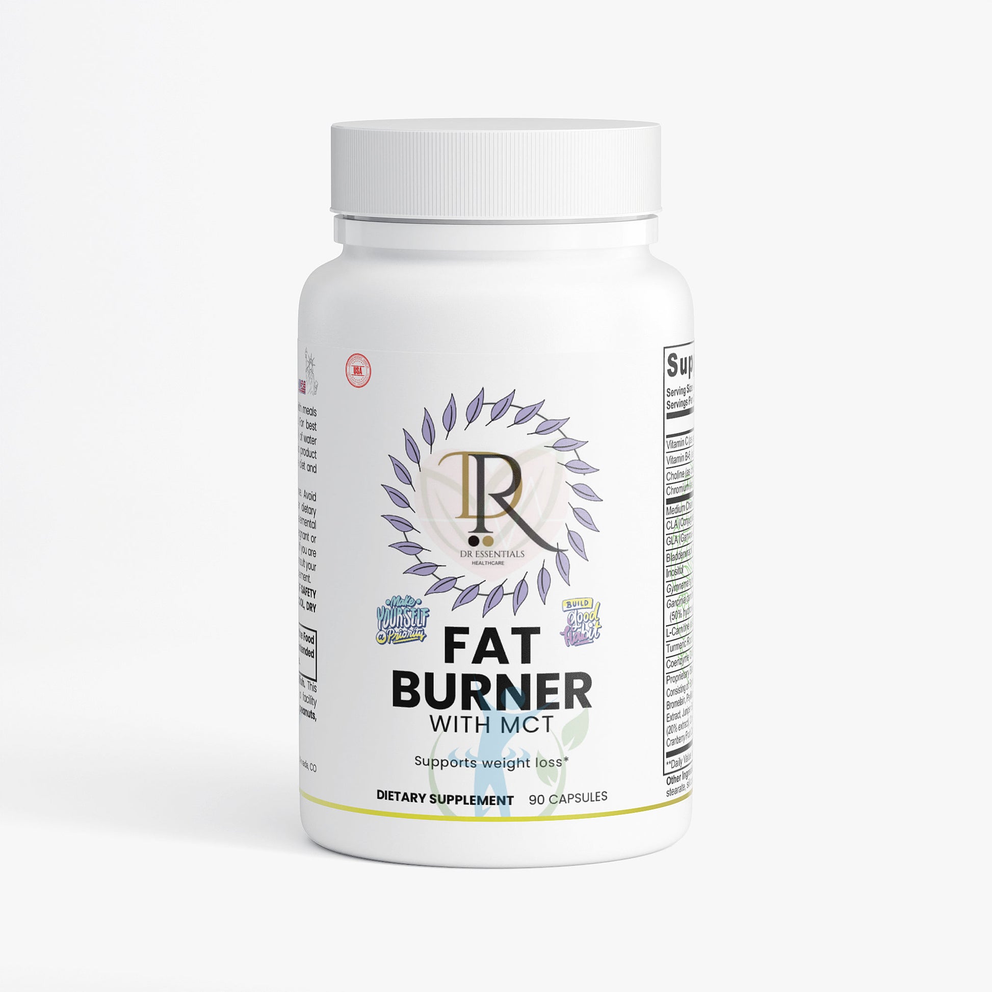 Fat burner supplement bottle with label on a white background