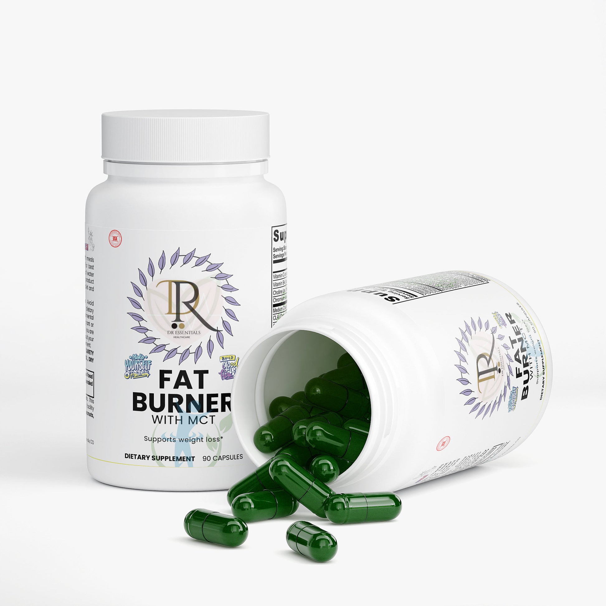 Fat burner supplement with open bottle showing green capsules on a white background