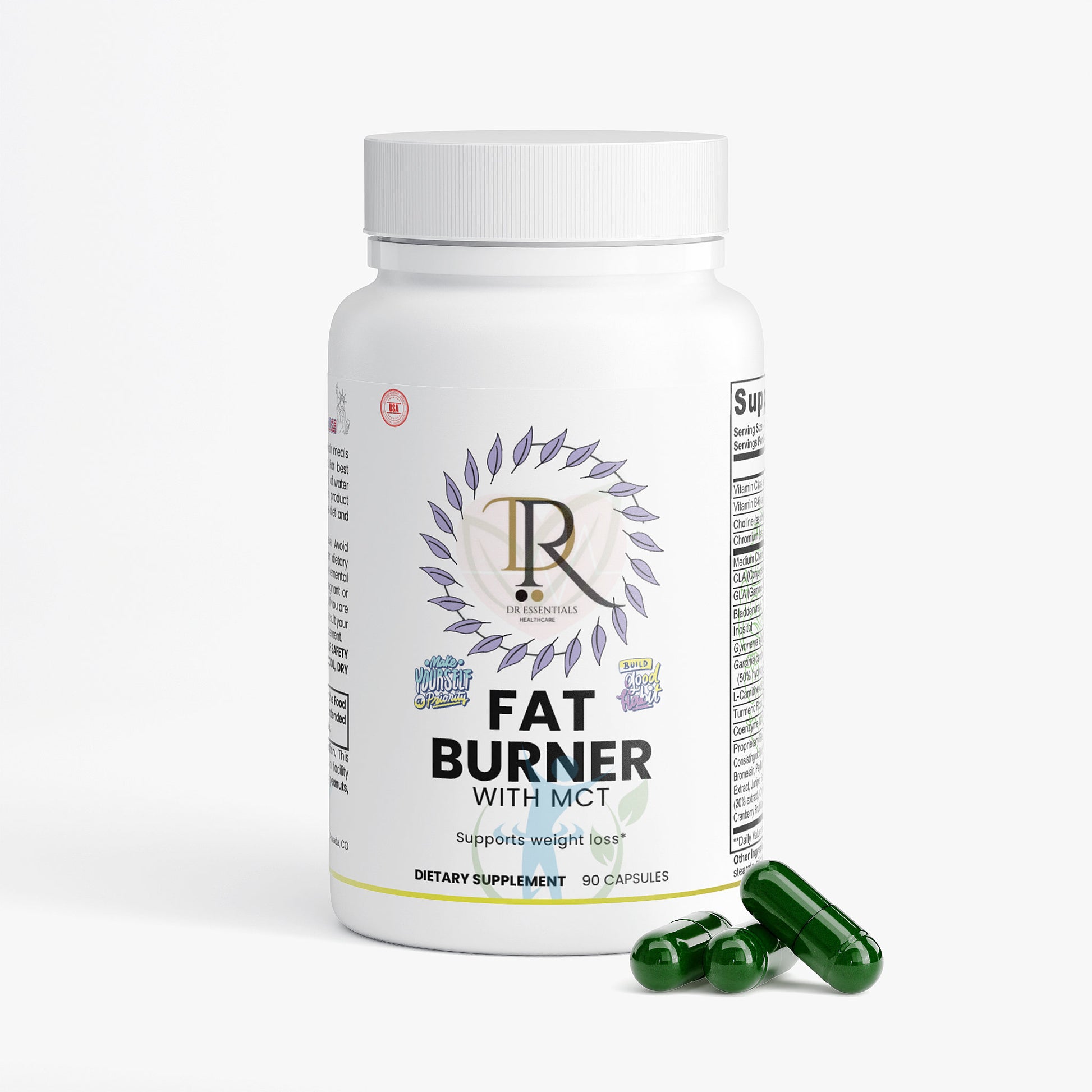 Fat burner supplement bottle with capsules on a white background