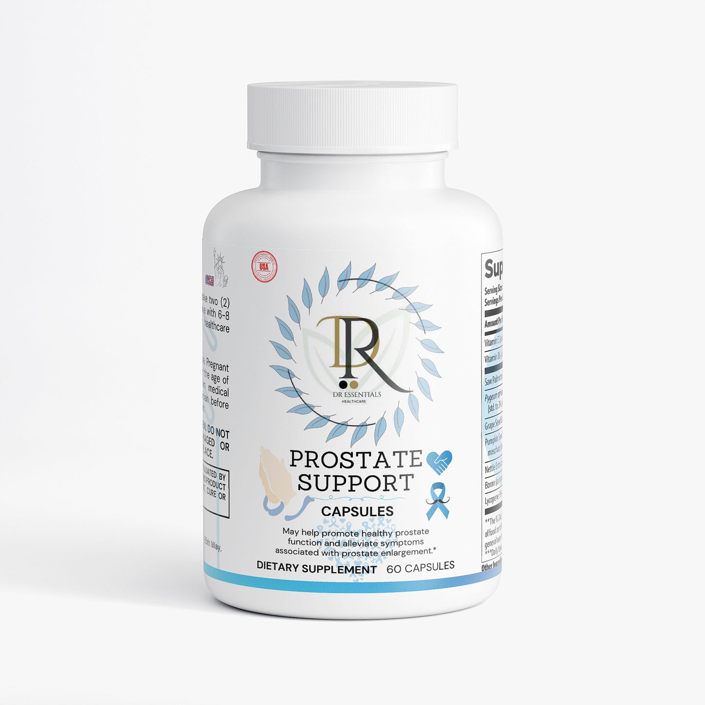 Bottle of prostate support capsules supplements for men Made in USA