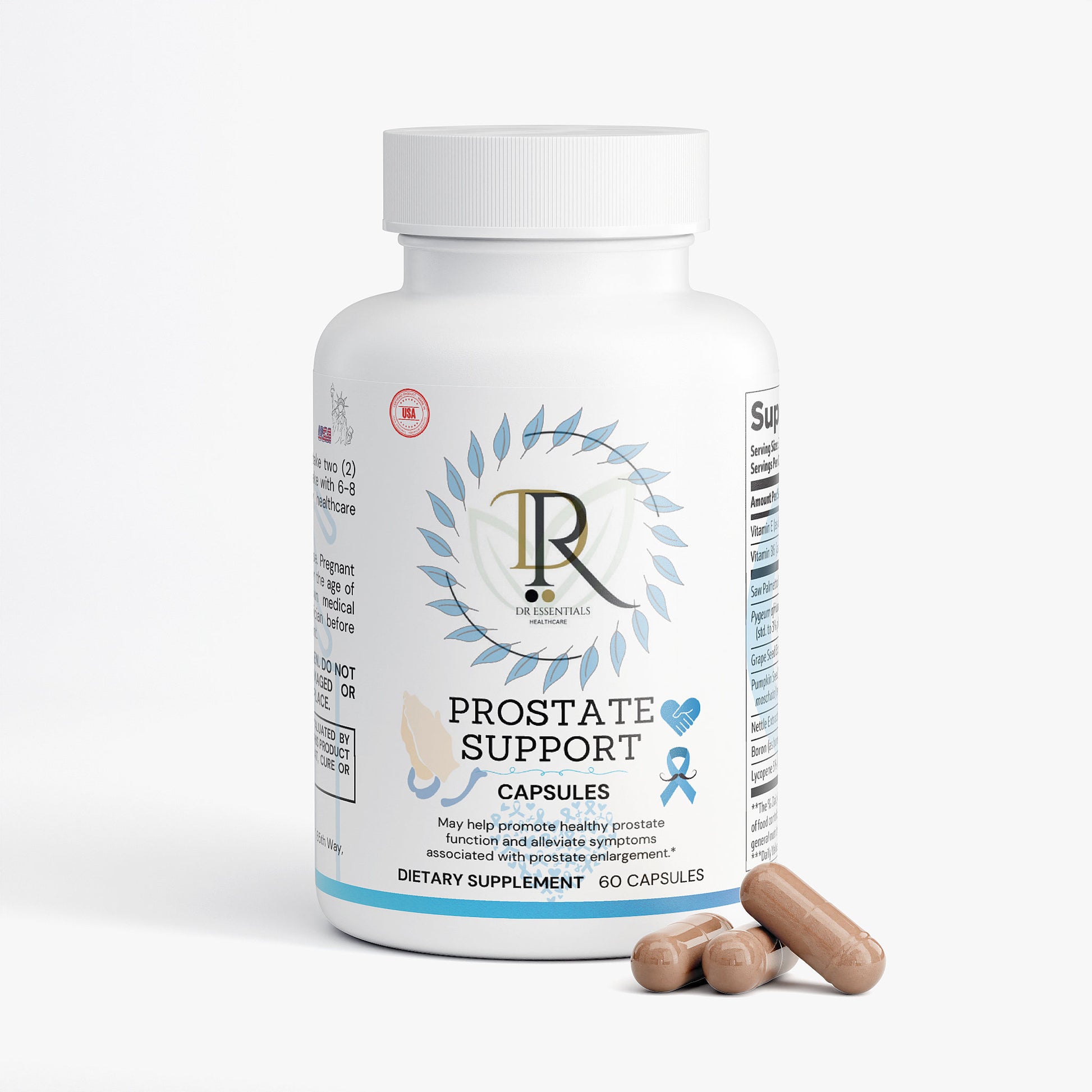 Bottle of prostate support capsules supplements for men Made in USA