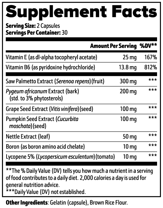 Supplement facts label with various vitamins and extracts listed for prostate support supplements made in USA